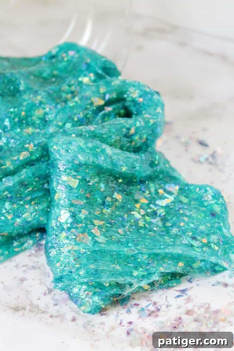 Beautiful close-up of finished glittery borax-free mermaid slime, ready for play.