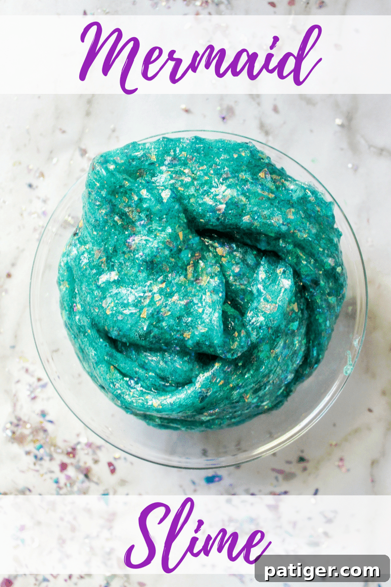 Pinterest graphic for borax-free mermaid slime recipe, highlighting party idea.