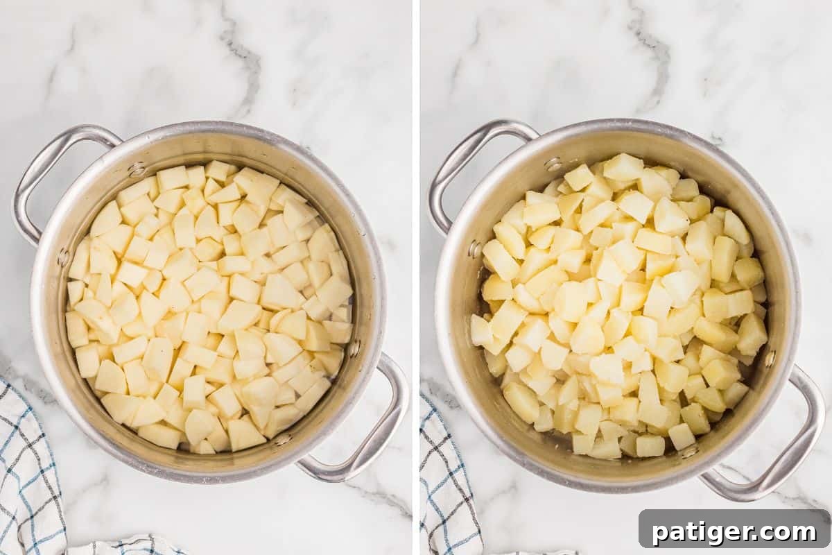 Split image showing a pot of peeled, diced potatoes submerged in water on the left, and the same potatoes cooked, drained, and slightly cooled on the right.