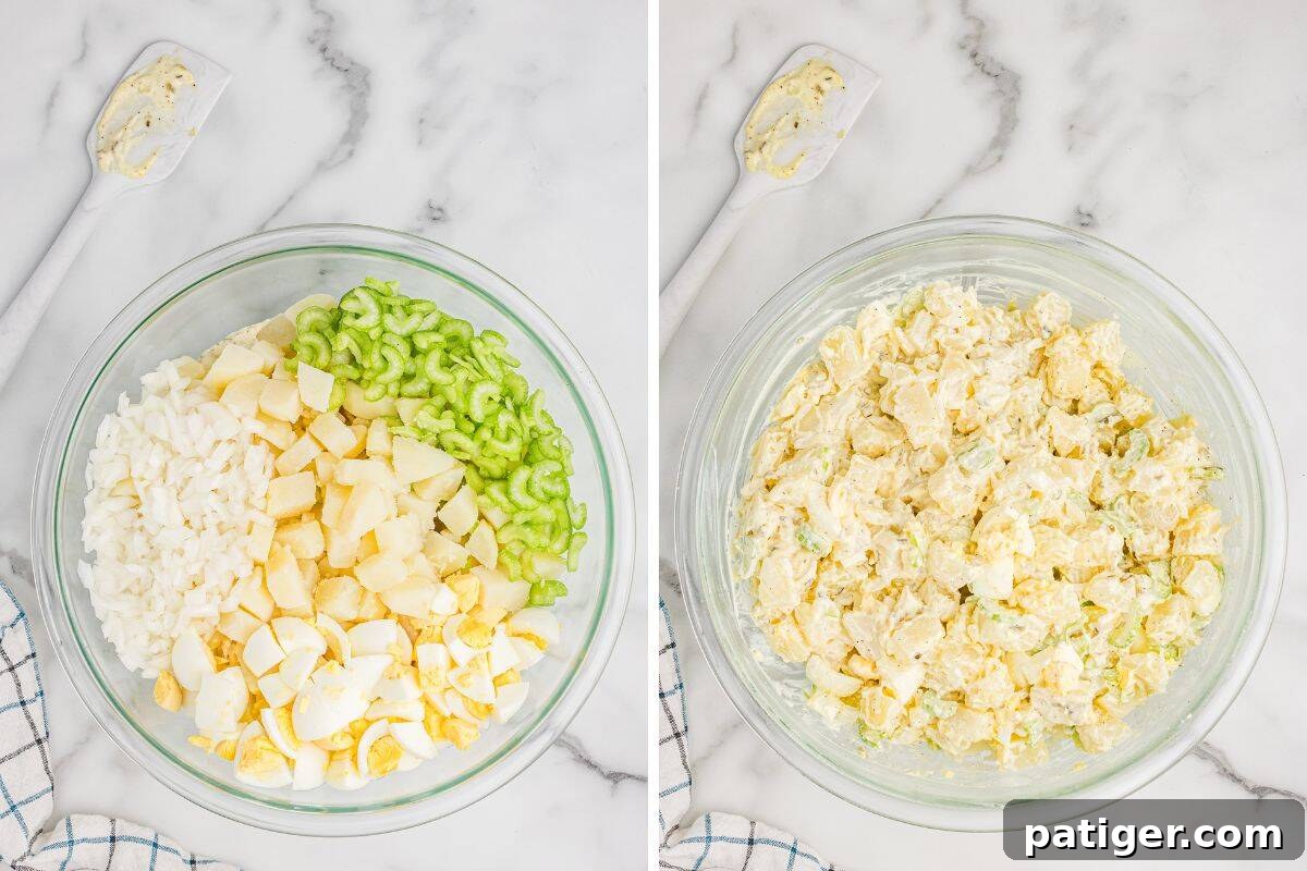 Side-by-side photos of potato salad ingredients like chopped eggs, celery, and onion before and after mixing with the dressing.