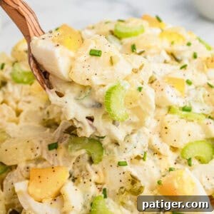Wooden spoon lifting a spoonful of creamy old fashioned potato salad.