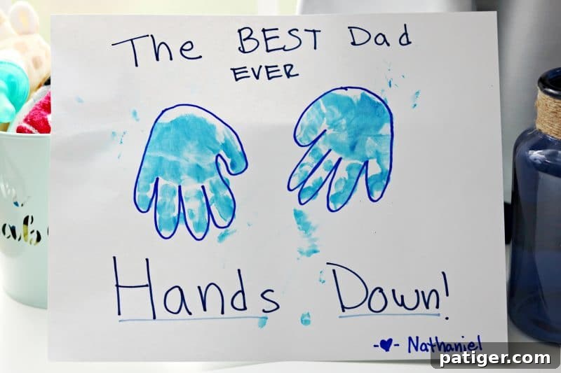 8 Heartwarming Ways to Celebrate a New Dad's First Father's Day 10 Baby's handprint art on a 'Best Dad Ever... Hands Down!' Father's Day card