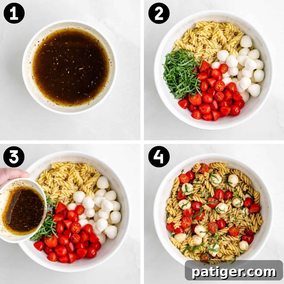 Sun-Kissed Caprese Pasta Salad 5 Collage of four steps for making Caprese pasta salad. The first image shows a bowl of vinaigrette dressing. The second displays pasta, mozzarella balls, cherry tomatoes, and basil in a bowl. In the third, the dressing is poured in. The fourth shows the finished, mixed salad.