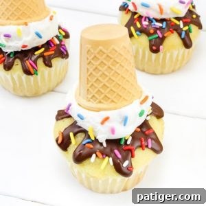 A square image of a finished melting ice cream cone cupcake, ready to be served