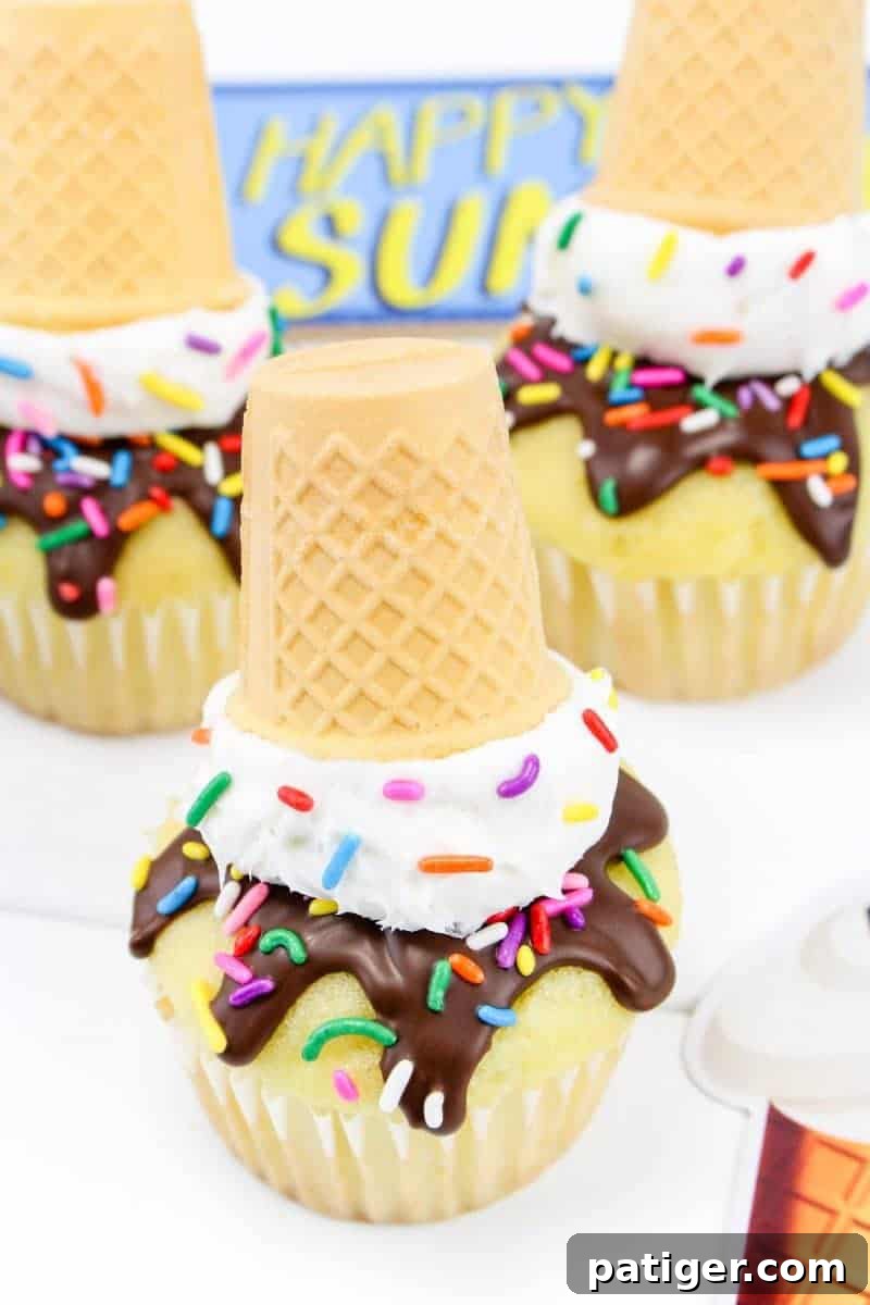 Drippy Delight Cone Cupcakes 3 A close-up shot of a melting ice cream cone cupcake, showcasing the chocolate drip and colorful sprinkles against a vibrant background