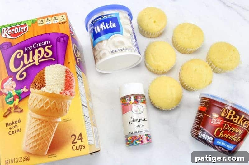 Drippy Delight Cone Cupcakes 4 Collection of ingredients and supplies for melting ice cream cone cupcakes: cupcakes, chocolate, sprinkles, cones, knife, spoon, toothpick, scoop