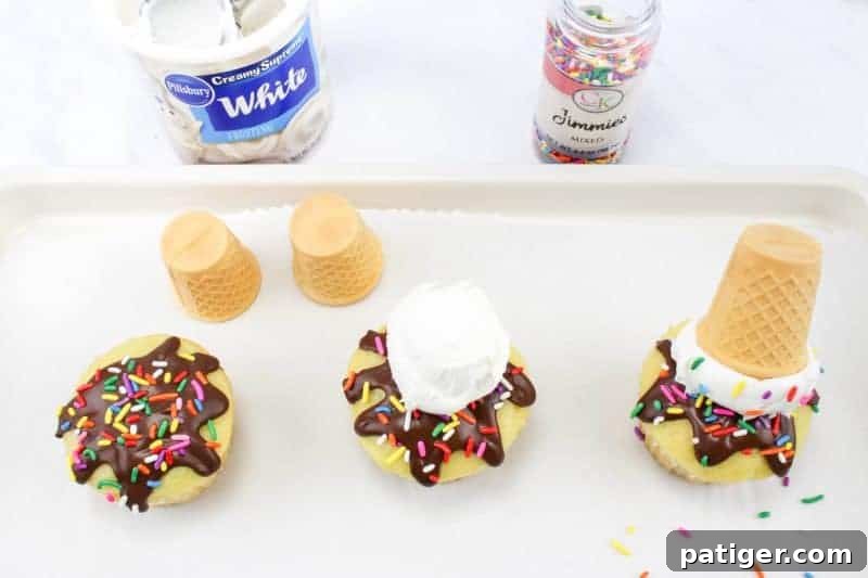 Drippy Delight Cone Cupcakes 7 Third step showing sprinkles added to the melted chocolate on a cupcake, ready for the frosting and cone