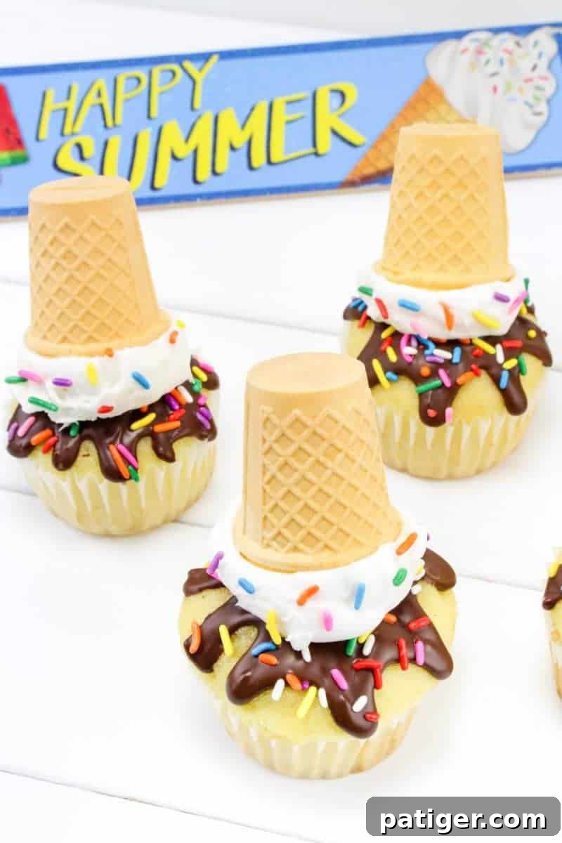 Drippy Delight Cone Cupcakes 10 A close-up of a single melting ice cream cone cupcake, emphasizing the playful and delicious details of the