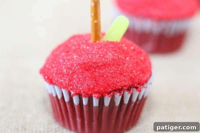 Sweet Start Apple Cupcakes 5 Close-up of a finished red velvet apple cupcake with pretzel stem and candy leaf