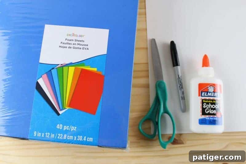 Gather your craft supplies for an exciting letter of the week craft! This image shows various colorful craft foams, scissors, and glue, ready for creation.