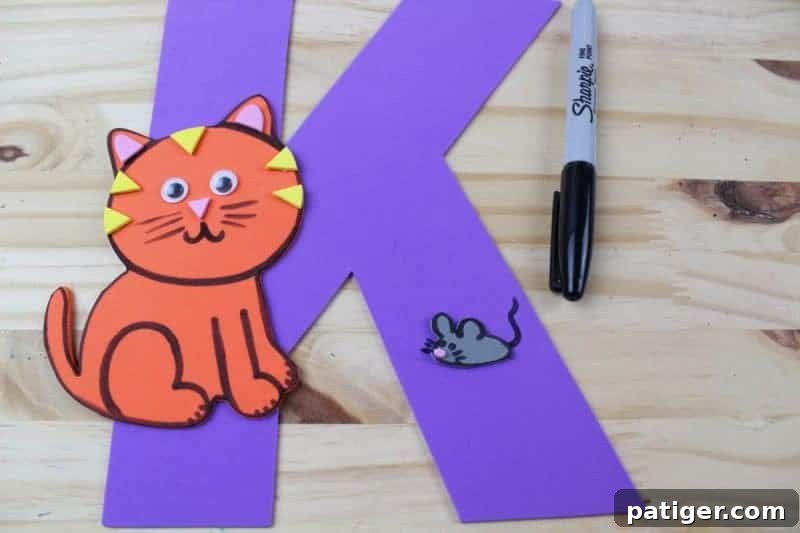K Is For Kitten Craft Printable Learning Activity 10 Add details to the kitten and mouse with black marker