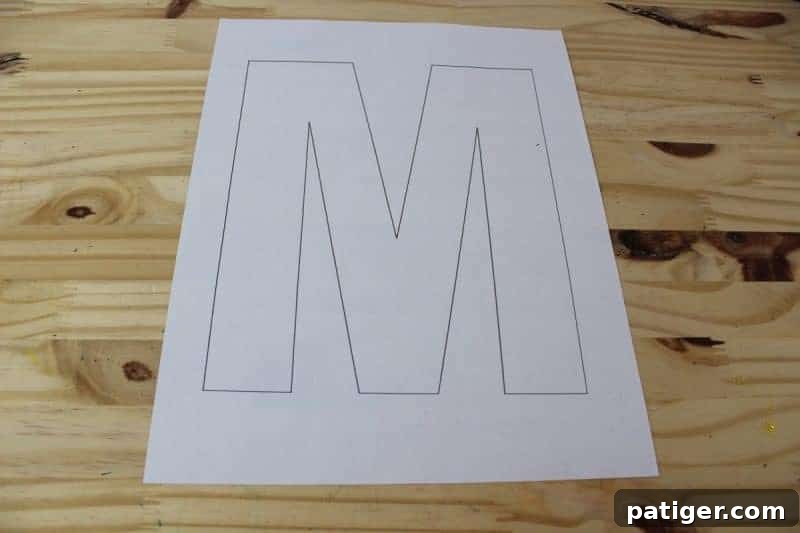 A printed letter M template being cut out with scissors, the first step in creating a Letter M craft.
