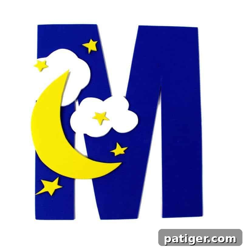 A finished Letter M is for Moon craft with a friendly moon and stars, perfect for learning the letter M.