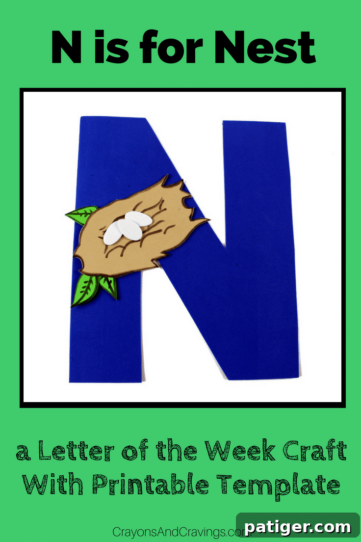 Nifty Nests Printable Letter N Craft 2 A finished Letter N is for Nest craft, demonstrating a creative and educational activity for young children to develop letter recognition and fine motor skills using a printable template.