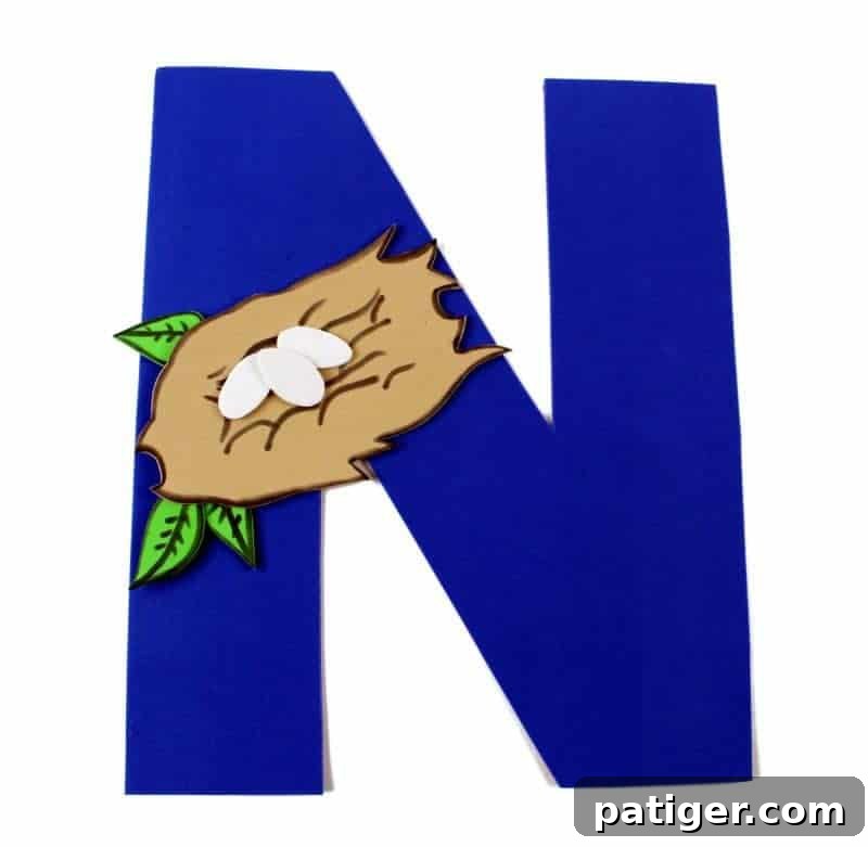 Nifty Nests Printable Letter N Craft 10 A completed Letter N is for Nest craft, showcasing the charming result of the educational and fun activity designed for preschool letter recognition.