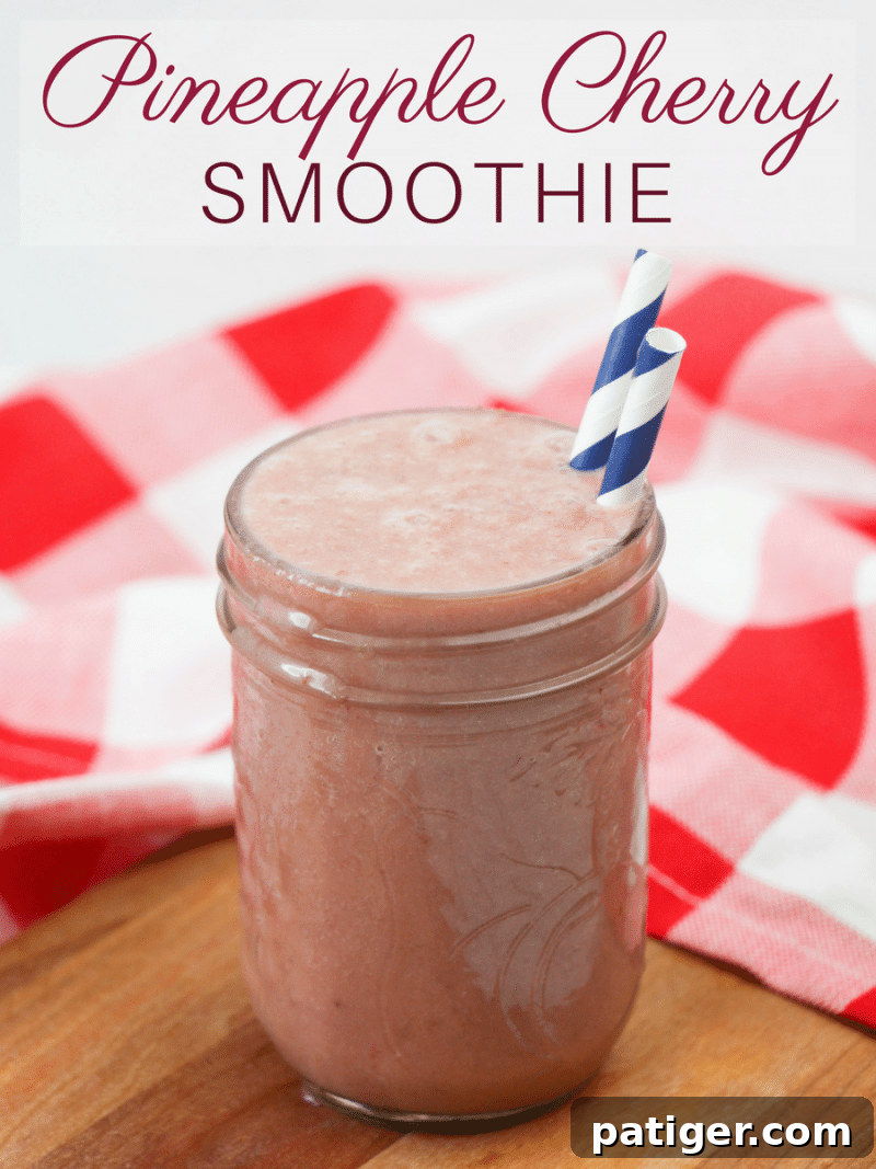 Delicious pineapple cherry smoothie recipe made with frozen pineapple, cherries, kale, almond milk, yogurt, and vanilla extract. A tasty and refreshing treat for kids or grown-ups!
