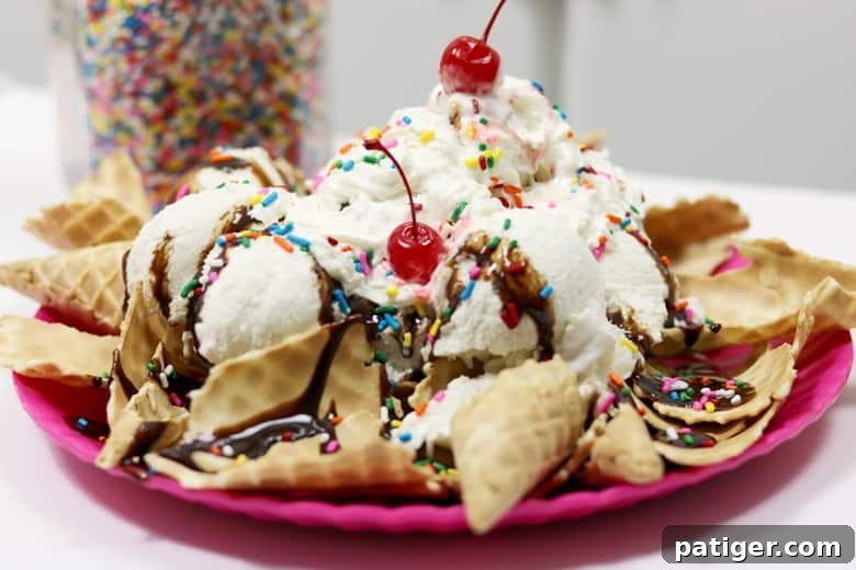 Beat the Summer Heat with This Easy Ice Cream Treat 2 A vibrant ice cream sundae artfully arranged on a bed of golden, broken ice cream cones, creating a dessert nacho presentation.