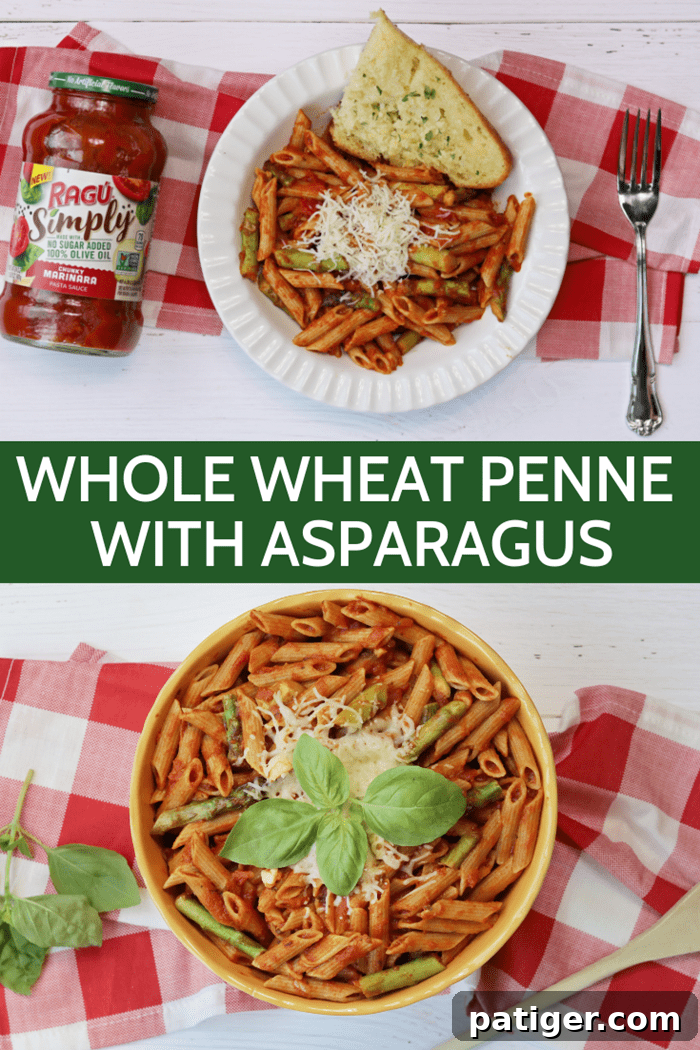Vibrant Asparagus Whole Wheat Pasta 11 Whole wheat pasta with asparagus and marinara sauce is a quick and easy weeknight dinner option that the whole family will enjoy.