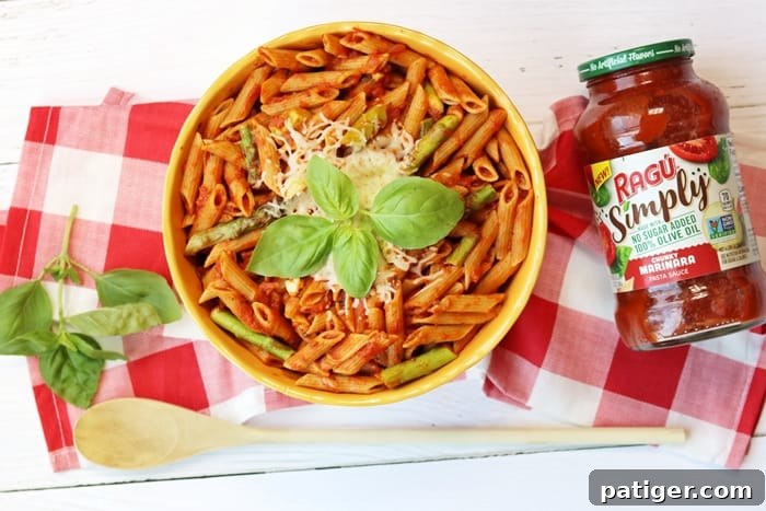 Vibrant Asparagus Whole Wheat Pasta 3 Whole wheat pasta with asparagus and marinara sauce is a quick and easy weeknight dinner option that the whole family will enjoy.