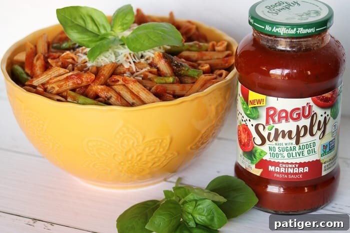 Vibrant Asparagus Whole Wheat Pasta 7 Whole wheat pasta with asparagus and marinara sauce is a quick and easy weeknight dinner option that the whole family will enjoy.