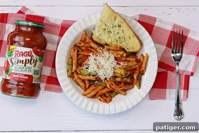 Vibrant Asparagus Whole Wheat Pasta 8 Whole wheat pasta with asparagus and marinara sauce is a quick and easy weeknight dinner option that the whole family will enjoy.