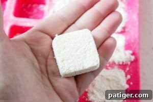 hand holding a dishwasher tablet, with mold in the background