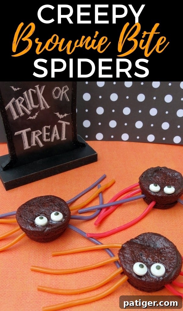 A Pinterest-friendly image of creepy brownie bite spiders for Halloween party inspiration.