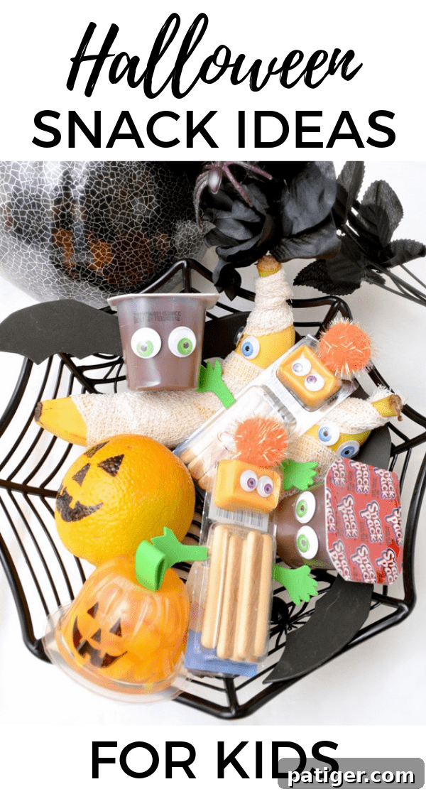Pinterest pin graphic featuring various easy Halloween snack ideas for kids: mummy bananas, pudding bats, monster crackers, and fruit cup jack-o-lanterns
