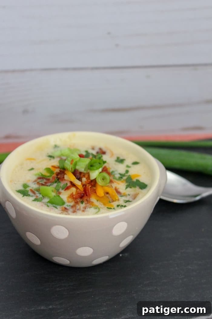 Close-up of a spoon scooping creamy Instant Pot potato soup, showcasing its rich texture and hearty ingredients, perfect for an easy family dinner.