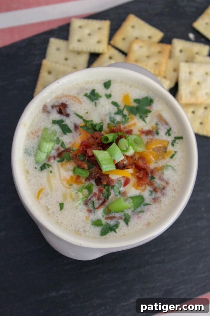 A beautifully presented Instant Pot potato soup, garnished with fresh herbs and a drizzle of cream, showcasing a comforting and delicious meal option.