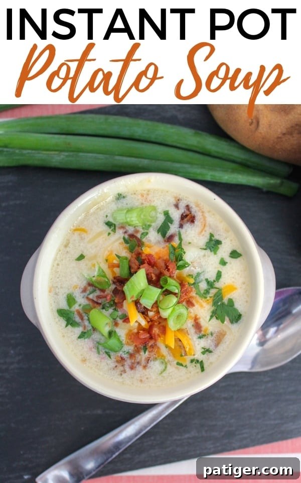 A large vertical image of Instant Pot Potato Soup, ideal for Pinterest, showcasing its comforting appeal and quick preparation.