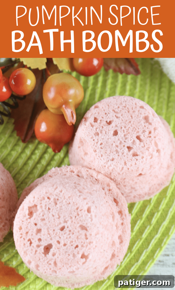 Pin this image to save the easy homemade pumpkin spice bath bomb recipe for future reference and autumn pampering.