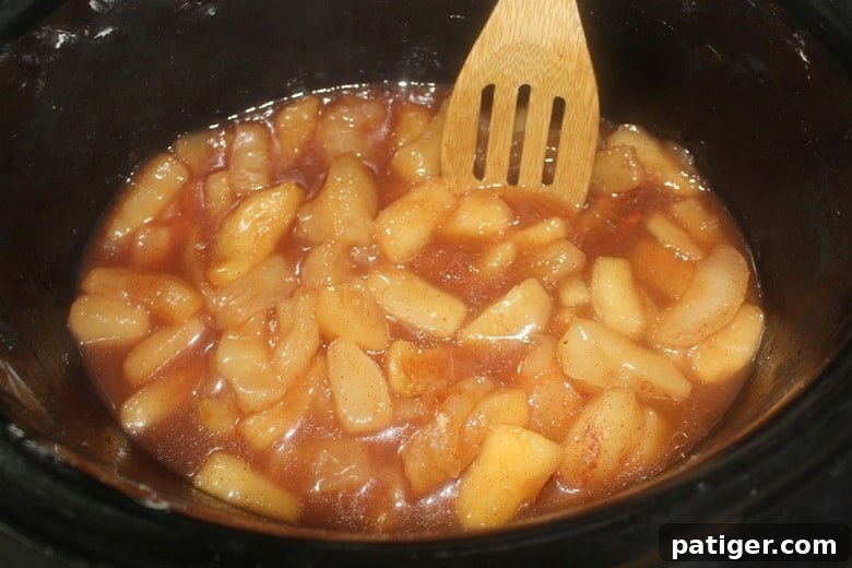 Stirring fried apples in the slow cooker
