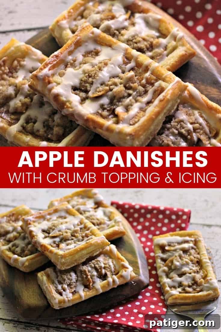 A large, appealing image of an apple danish recipe with a delicious crumb topping and a delicate drizzle of icing, perfect for pinning to Pinterest boards. This tasty apple crumb danish makes for a sweet breakfast or brunch option.