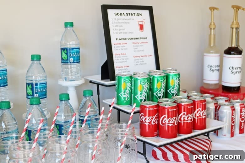 Level Up Your Party with a Custom Soda Bar 2 Set up a captivating flavored soda station for your holiday party with these expert beverage station tips and free printable soda station sign and syrup bottle labels.