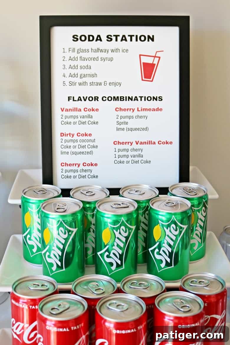 Level Up Your Party with a Custom Soda Bar 3 Clear and inviting soda station sign displaying directions and delicious flavor combinations for guests.