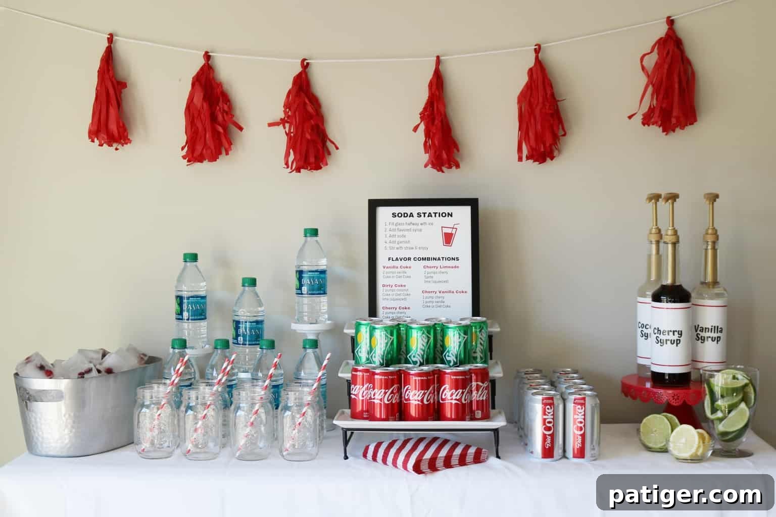 Level Up Your Party with a Custom Soda Bar 9 Thoughtfully arranged soda station, showcasing how simple household items can create a stylish and functional beverage bar for any event.