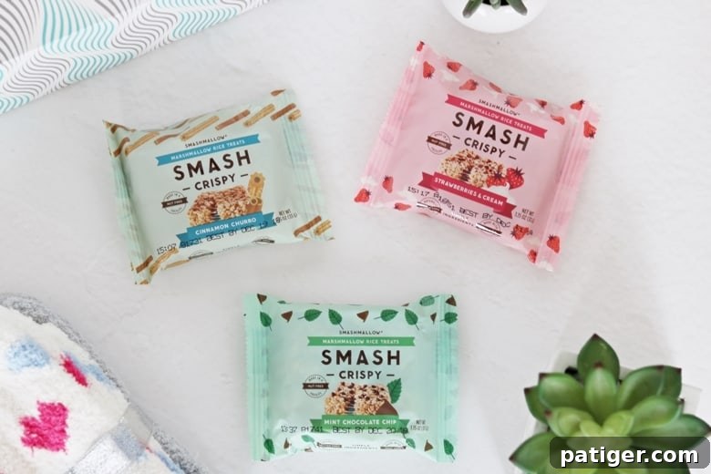 Crafting Care Get Well Gift Baskets 4 Cinnamon Churro, Strawberries & Cream, and Mint Chocolate Chip SMASHCRISPY treats.