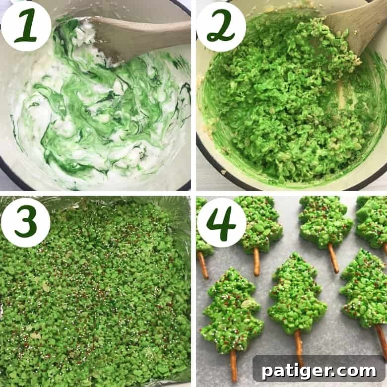 Overhead shot showing ingredients and equipment for making Christmas Tree Rice Krispie Treats, including cereal, marshmallows, butter, and cookie cutters.