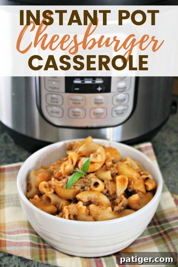 One-Pot Cheeseburger Delight 12 Bowl of Cheesy Hamburger Helper with Instant Pot in the background, a perfect comfort meal for dinner.