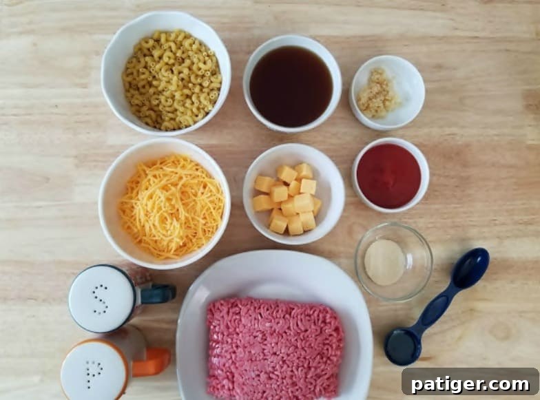 Ingredients for Cheesy Hamburger Casserole: lean ground beef, macaroni pasta, shredded cheddar cheese, sliced American cheese, tomato puree, beef broth, olive oil, minced garlic, onion powder, salt, and black pepper displayed neatly.