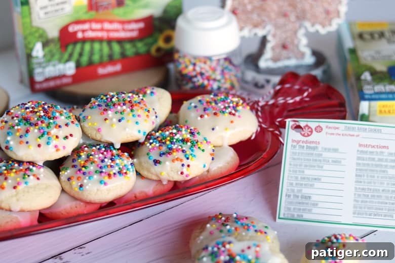 Red candy-shaped tray of Italian anise cookies packaged for cookie exchange.