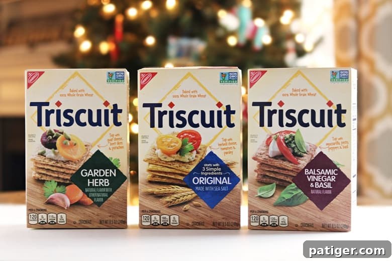 Festive Triscuit Bites 3 Triscuit cracker varieties including Original, Garden Herb, and Balsamic Vinegar & Basil, perfect for quick holiday appetizers.