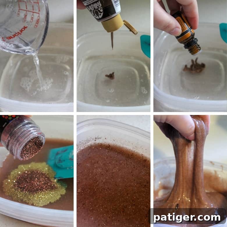 Spiced Gingerbread Slime 4 A collage of images demonstrating how to make Gingerbread Slime, including adding water, paint, fragrance oil, and glitter to a mixing bowl, then stirring the mixture to create the brown, sparkling gingerbread slime.