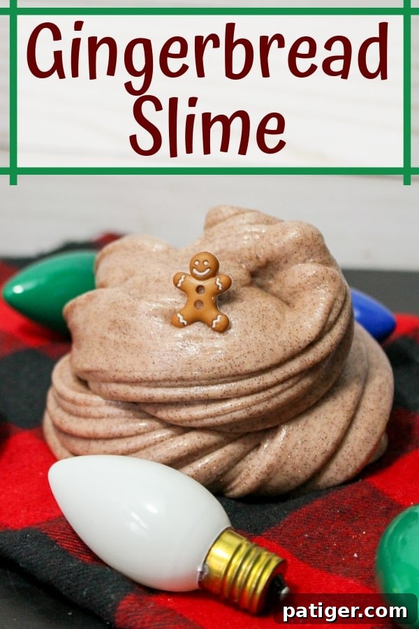 Spiced Gingerbread Slime 6 Gingerbread slime ready for sensory play, adorned with a gingerbread man toy and festive Christmas decor, making a perfect holiday activity.