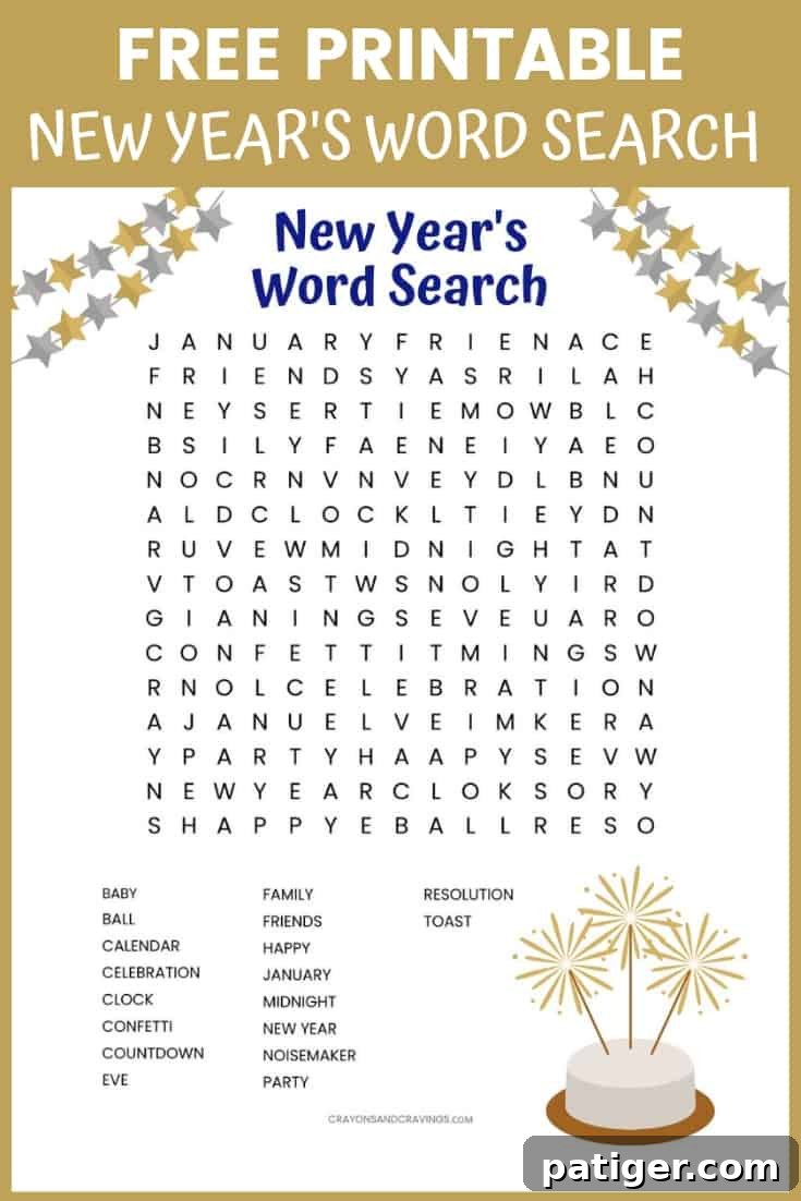 Ready to Print New Year Word Quest 2 Free New Year's Word Search printable worksheet with 18 festive vocabulary words. A fun word find activity for kids and adults to celebrate the New Year.