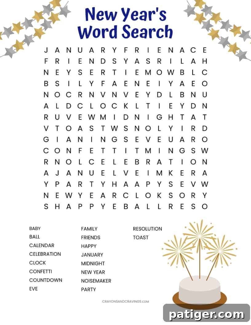 Ready to Print New Year Word Quest 3 Printable New Year's Word Search puzzle with 18 words for celebration, designed for both kids and adults.