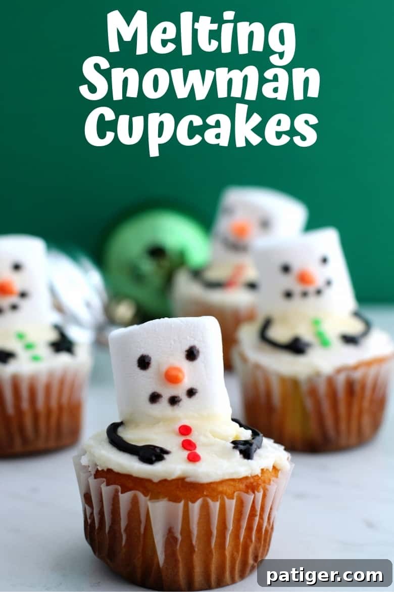 Melting snowman cupcakes are an easy to make Winter dessert made by adding a marshmallow and a few other small decorations to vanilla cupcakes.