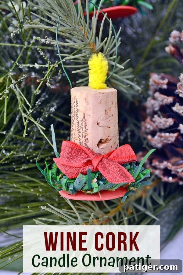 Handmade Wine Cork Candle Ornaments 12 A beautifully composed vertical image of several wine cork candle ornaments, showcasing their handmade charm and festive appeal, perfect for pinning to a Christmas craft board.