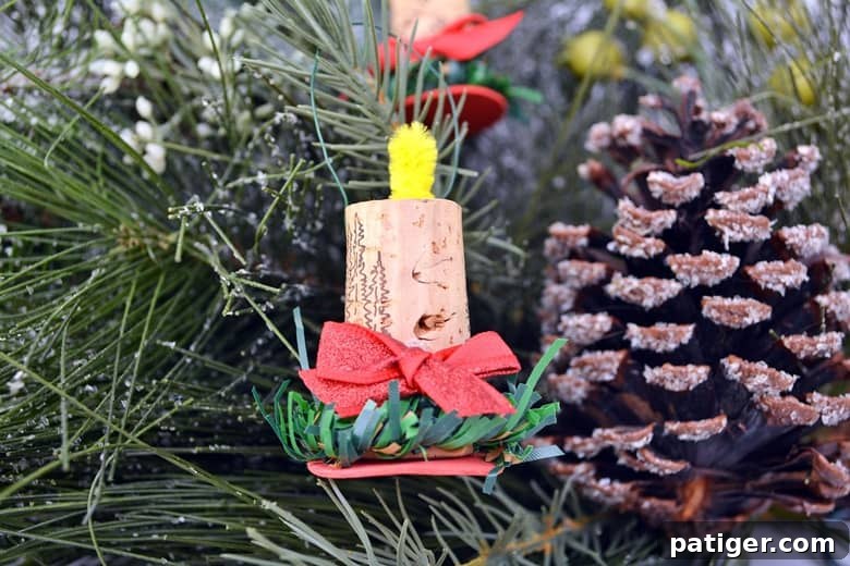 Handmade Wine Cork Candle Ornaments 10 Another perspective of a beautifully crafted wine cork candle ornament, highlighting its detailed design and readiness for display.